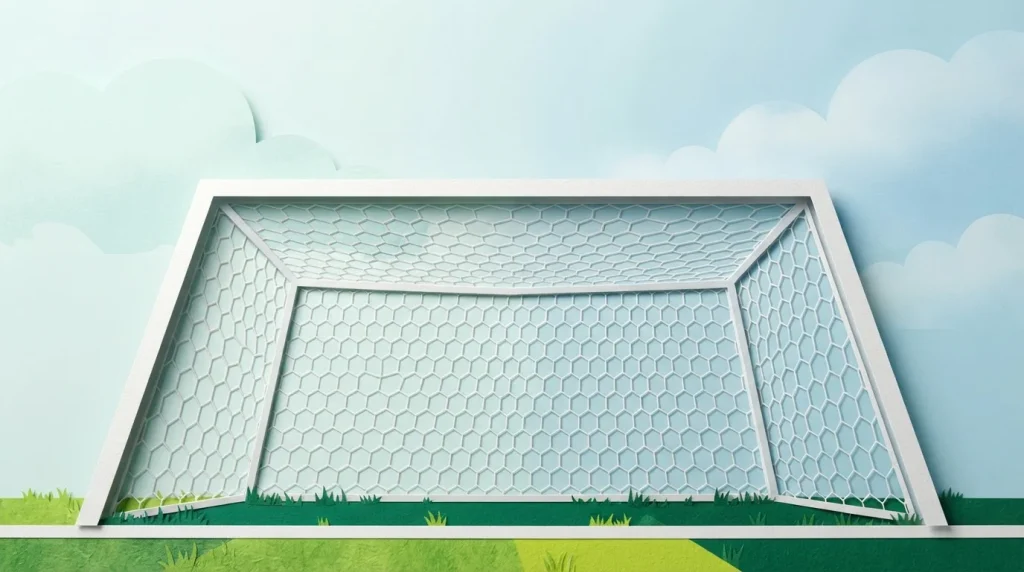 Fußballtor mit straffem Netz aus niedriger Perspektive auf einem Spielfeld
