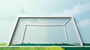 Fußballtor mit straffem Netz aus niedriger Perspektive auf einem Spielfeld