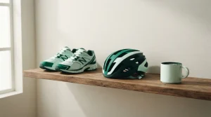 Sportschuhe und Fahrradhelm neben einer Tasse auf einem Regal