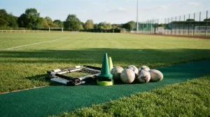 Trainingskegel, Sportbälle und Netz am Rand eines Spielfelds