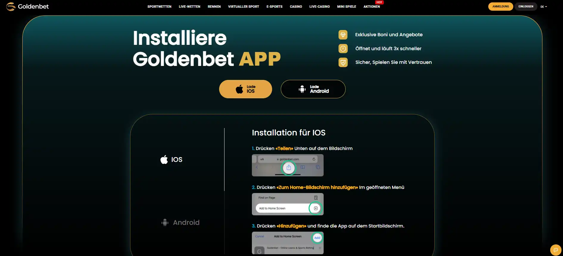 Mobiler Safari-Browser mit Menü zum Hinzufügen einer Web-App